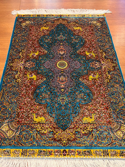 23” × 35” Luxury Turkish Silk Rug – Ivory, Turquoise Blue & Rust Gold Medallion, Hereke-Inspired Oriental Accent Rug