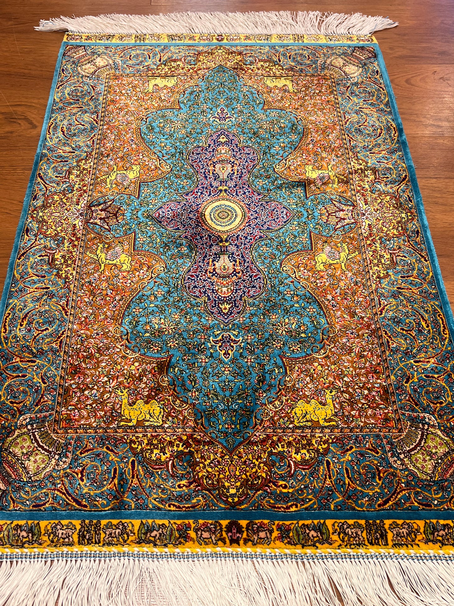 23” × 35” Luxury Turkish Silk Rug – Ivory, Turquoise Blue & Rust Gold Medallion, Hereke-Inspired Oriental Accent Rug