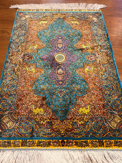 23” × 35” Luxury Turkish Silk Rug – Ivory, Turquoise Blue & Rust Gold Medallion, Hereke-Inspired Oriental Accent Rug