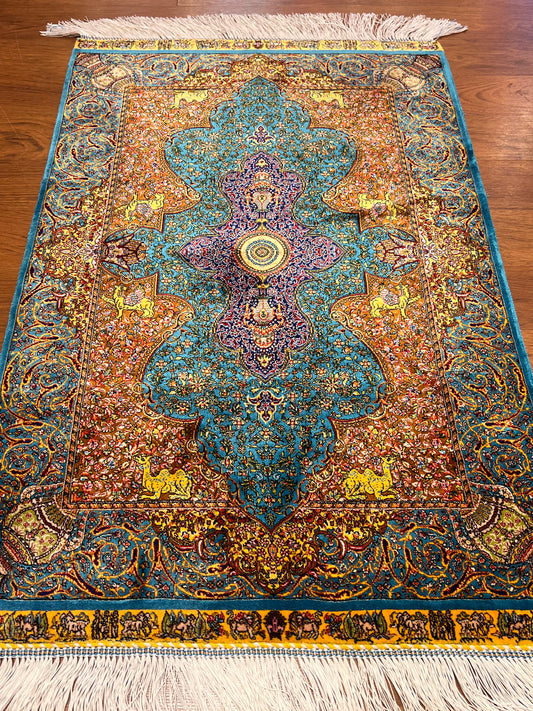 23” × 35” Luxury Turkish Silk Rug – Ivory, Turquoise Blue & Rust Gold Medallion, Hereke-Inspired Oriental Accent Rug