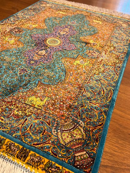 23” × 35” Luxury Turkish Silk Rug – Ivory, Turquoise Blue & Rust Gold Medallion, Hereke-Inspired Oriental Accent Rug