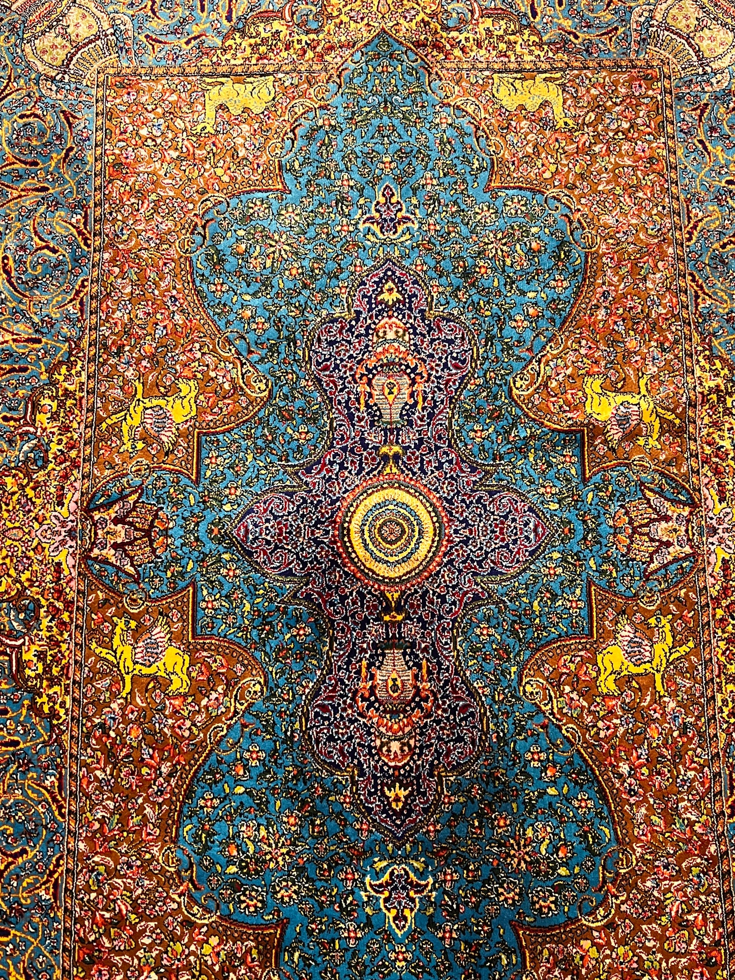 23” × 35” Luxury Turkish Silk Rug – Ivory, Turquoise Blue & Rust Gold Medallion, Hereke-Inspired Oriental Accent Rug