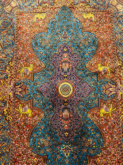 23” × 35” Luxury Turkish Silk Rug – Ivory, Turquoise Blue & Rust Gold Medallion, Hereke-Inspired Oriental Accent Rug