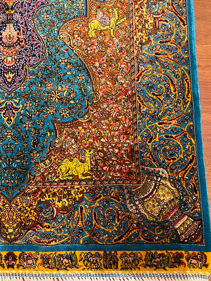 23” × 35” Luxury Turkish Silk Rug – Ivory, Turquoise Blue & Rust Gold Medallion, Hereke-Inspired Oriental Accent Rug