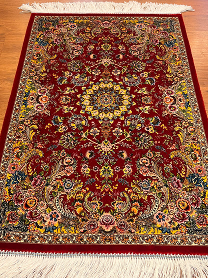 23” × 35” Luxury Turkish Silk Rug – Ruby Red & Gold Floral Medallion, Hereke-Inspired Oriental Accent Rug