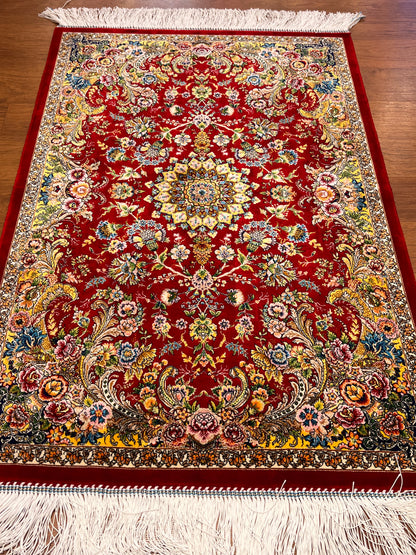 23” × 35” Luxury Turkish Silk Rug – Ruby Red & Gold Floral Medallion, Hereke-Inspired Oriental Accent Rug