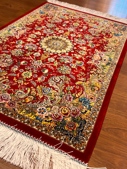 23” × 35” Luxury Turkish Silk Rug – Ruby Red & Gold Floral Medallion, Hereke-Inspired Oriental Accent Rug