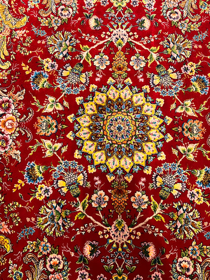 23” × 35” Luxury Turkish Silk Rug – Ruby Red & Gold Floral Medallion, Hereke-Inspired Oriental Accent Rug