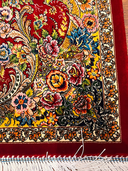 23” × 35” Luxury Turkish Silk Rug – Ruby Red & Gold Floral Medallion, Hereke-Inspired Oriental Accent Rug