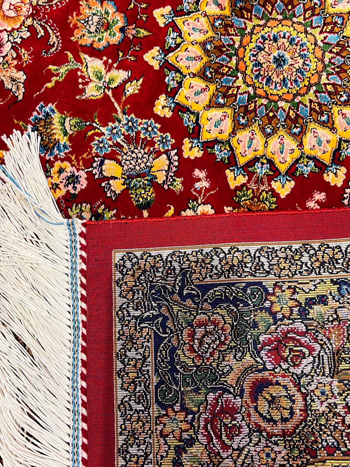 23” × 35” Luxury Turkish Silk Rug – Ruby Red & Gold Floral Medallion, Hereke-Inspired Oriental Accent Rug