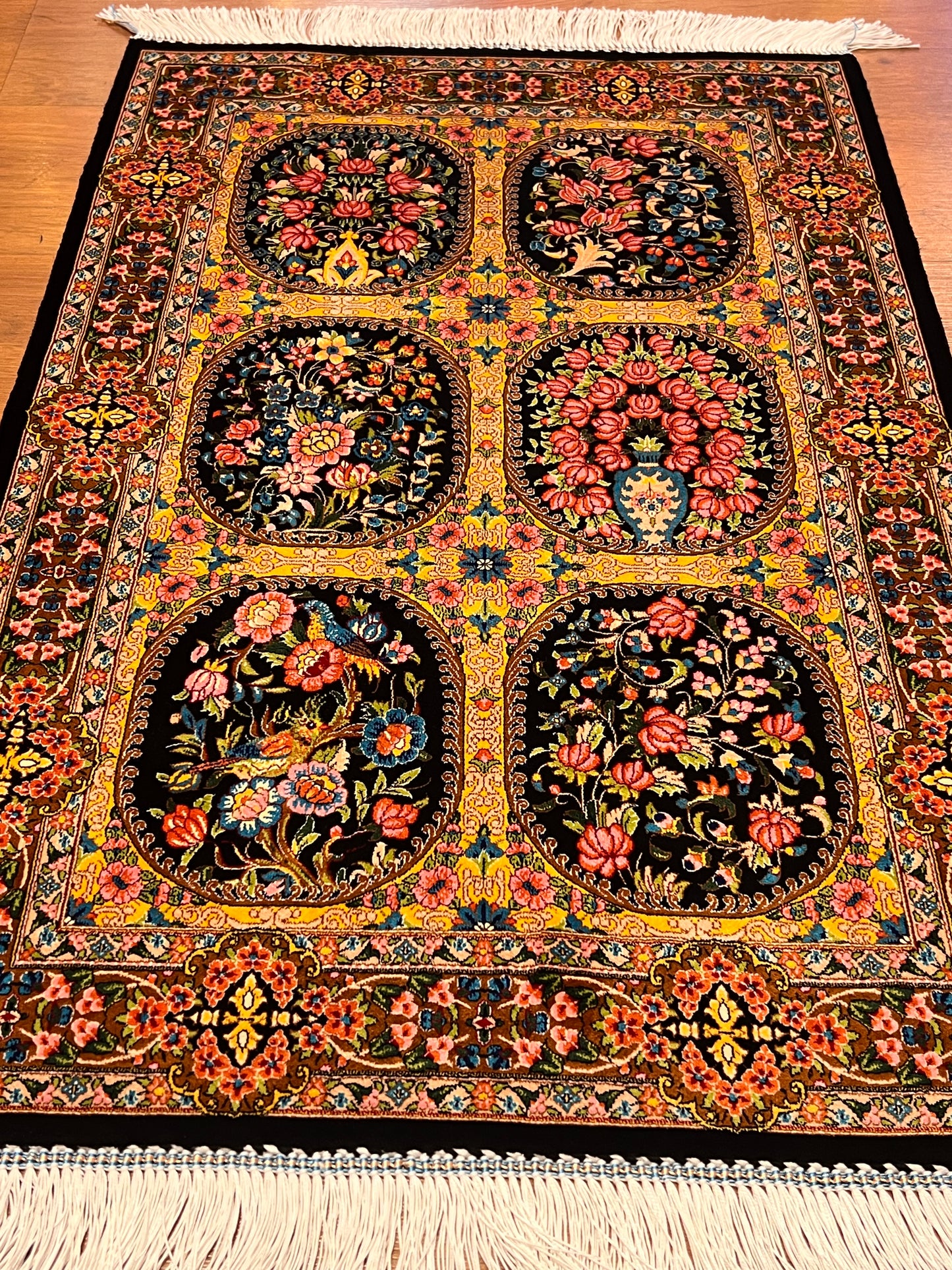 23” × 35” Luxury Turkish Silk Rug – Black & Gold Six-Panel Floral Garden, Hereke-Inspired Small Accent Rug