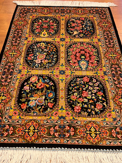 23” × 35” Luxury Turkish Silk Rug – Black & Gold Six-Panel Floral Garden, Hereke-Inspired Small Accent Rug