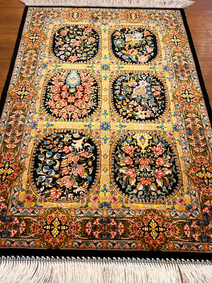 23” × 35” Luxury Turkish Silk Rug – Black & Gold Six-Panel Floral Garden, Hereke-Inspired Small Accent Rug