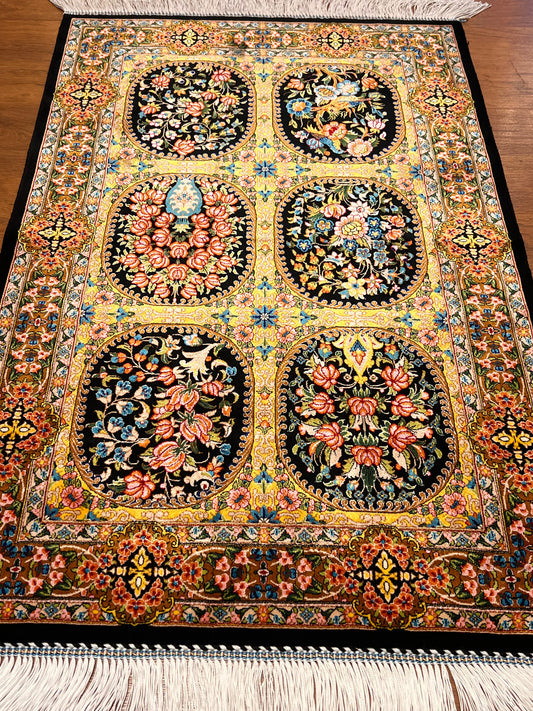 23” × 35” Luxury Turkish Silk Rug – Black & Gold Six-Panel Floral Garden, Hereke-Inspired Small Accent Rug