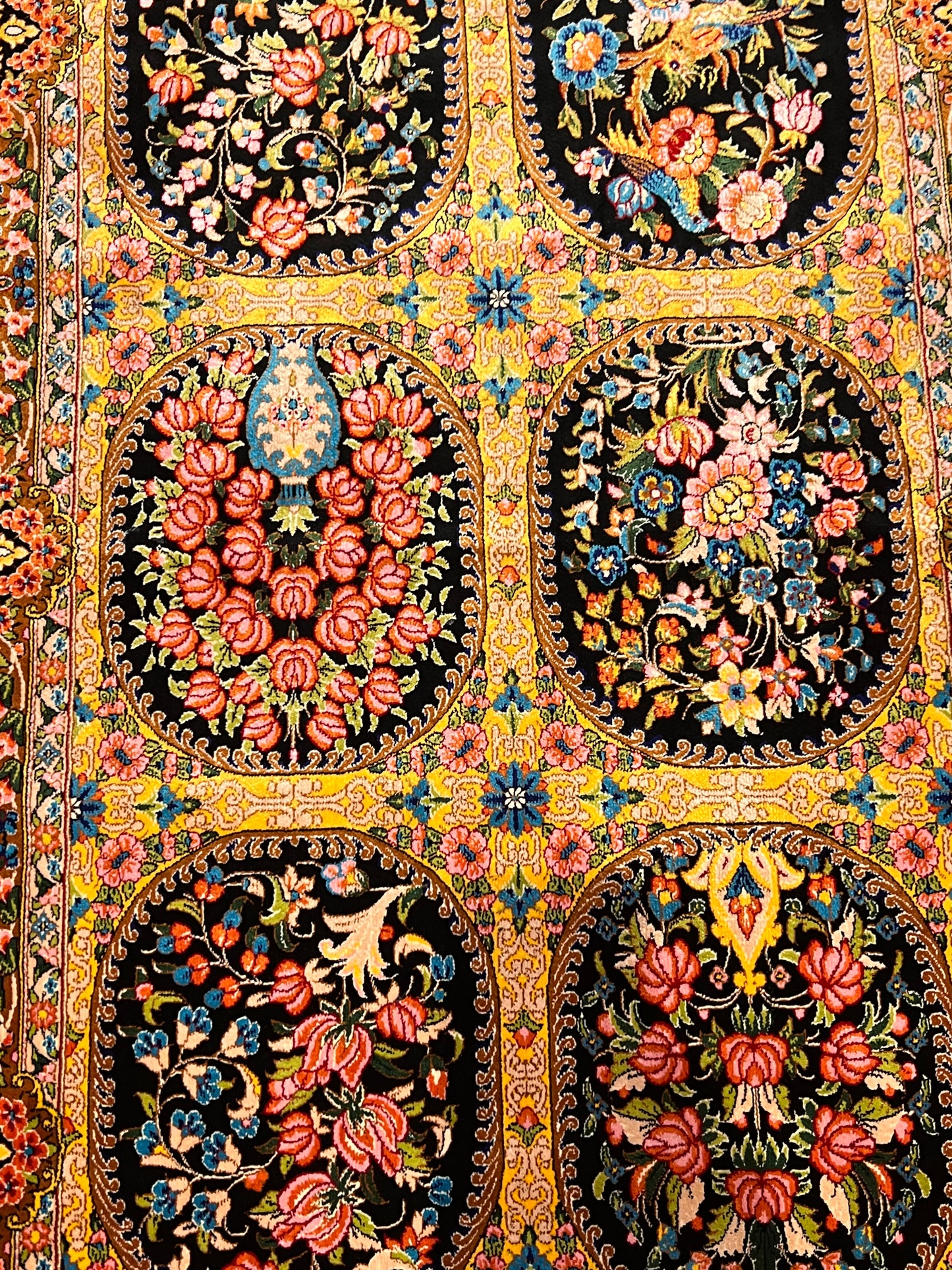 23” × 35” Luxury Turkish Silk Rug – Black & Gold Six-Panel Floral Garden, Hereke-Inspired Small Accent Rug
