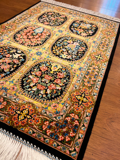 23” × 35” Luxury Turkish Silk Rug – Black & Gold Six-Panel Floral Garden, Hereke-Inspired Small Accent Rug