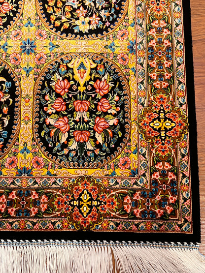 23” × 35” Luxury Turkish Silk Rug – Black & Gold Six-Panel Floral Garden, Hereke-Inspired Small Accent Rug