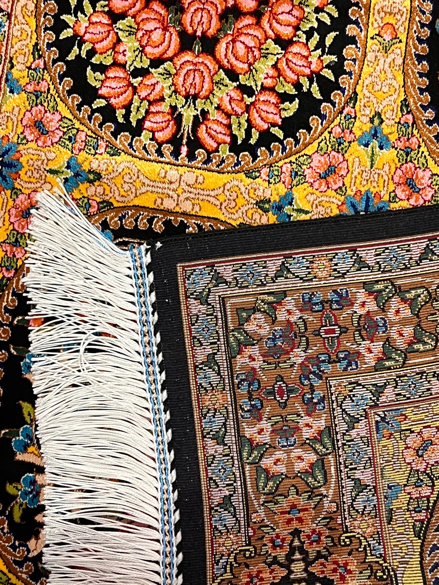 23” × 35” Luxury Turkish Silk Rug – Black & Gold Six-Panel Floral Garden, Hereke-Inspired Small Accent Rug