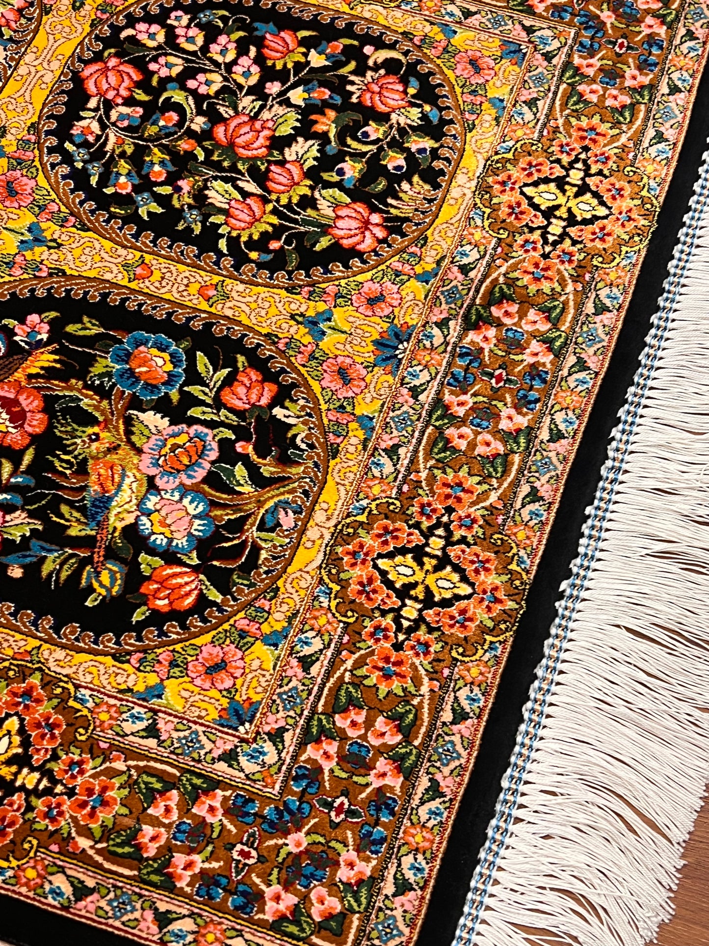 23” × 35” Luxury Turkish Silk Rug – Black & Gold Six-Panel Floral Garden, Hereke-Inspired Small Accent Rug