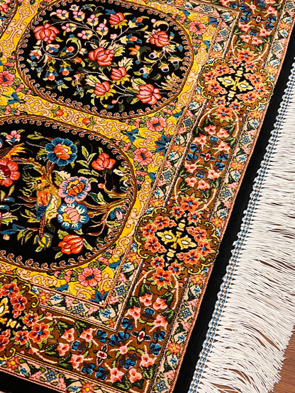 23” × 35” Luxury Turkish Silk Rug – Black & Gold Six-Panel Floral Garden, Hereke-Inspired Small Accent Rug