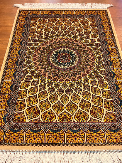 23” × 35” Luxury Turkish Silk Rug – Ivory & Golden Yellow Geometric Floral Medallion, Hereke-Inspired Accent Rug