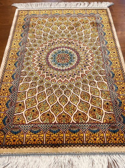 23” × 35” Luxury Turkish Silk Rug – Ivory & Golden Yellow Geometric Floral Medallion, Hereke-Inspired Accent Rug