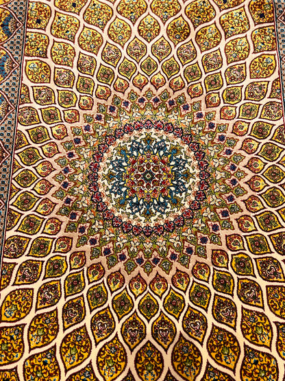 23” × 35” Luxury Turkish Silk Rug – Ivory & Golden Yellow Geometric Floral Medallion, Hereke-Inspired Accent Rug