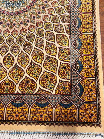23” × 35” Luxury Turkish Silk Rug – Ivory & Golden Yellow Geometric Floral Medallion, Hereke-Inspired Accent Rug