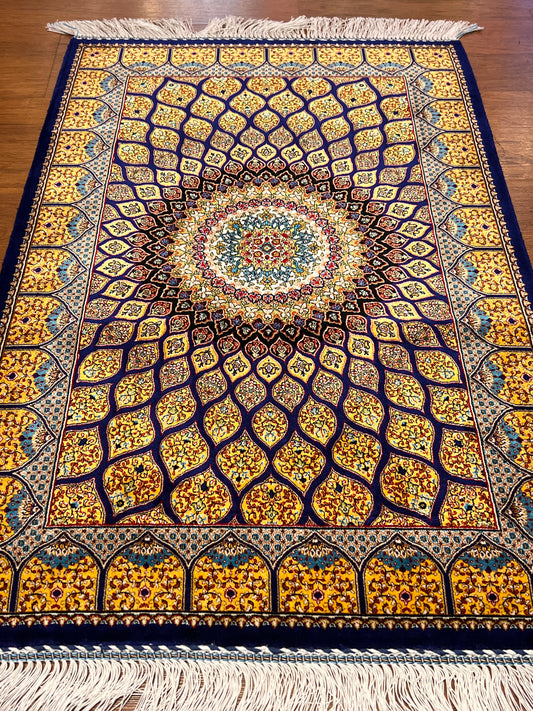 23” × 35” Luxury Turkish Silk Rug – Royal Navy Blue & Gold Geometric Floral Medallion, Hereke-Inspired Accent Rug