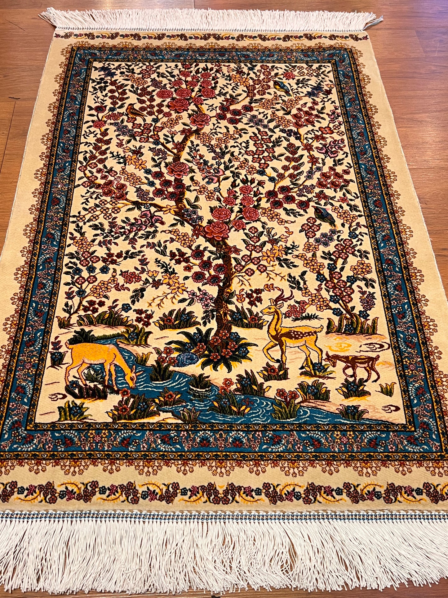 23” × 35” Luxury Turkish Silk Rug – Ivory Tree of Life & Deer Garden Design, Hereke-Inspired Floral Accent Rug