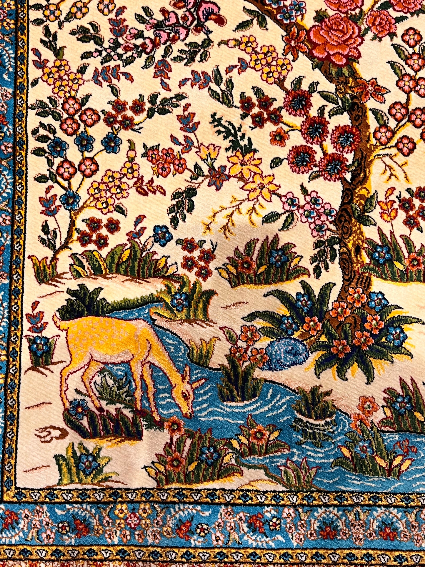 23” × 35” Luxury Turkish Silk Rug – Ivory Tree of Life & Deer Garden Design, Hereke-Inspired Floral Accent Rug