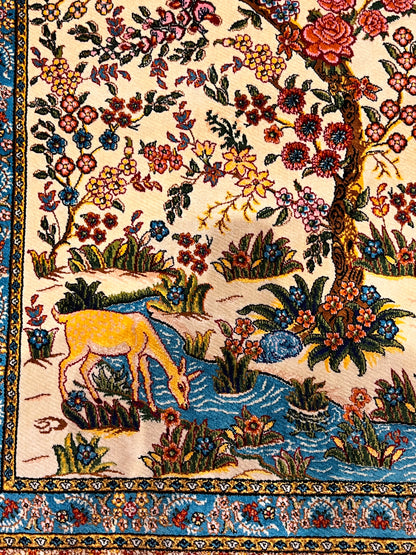 23” × 35” Luxury Turkish Silk Rug – Ivory Tree of Life & Deer Garden Design, Hereke-Inspired Floral Accent Rug