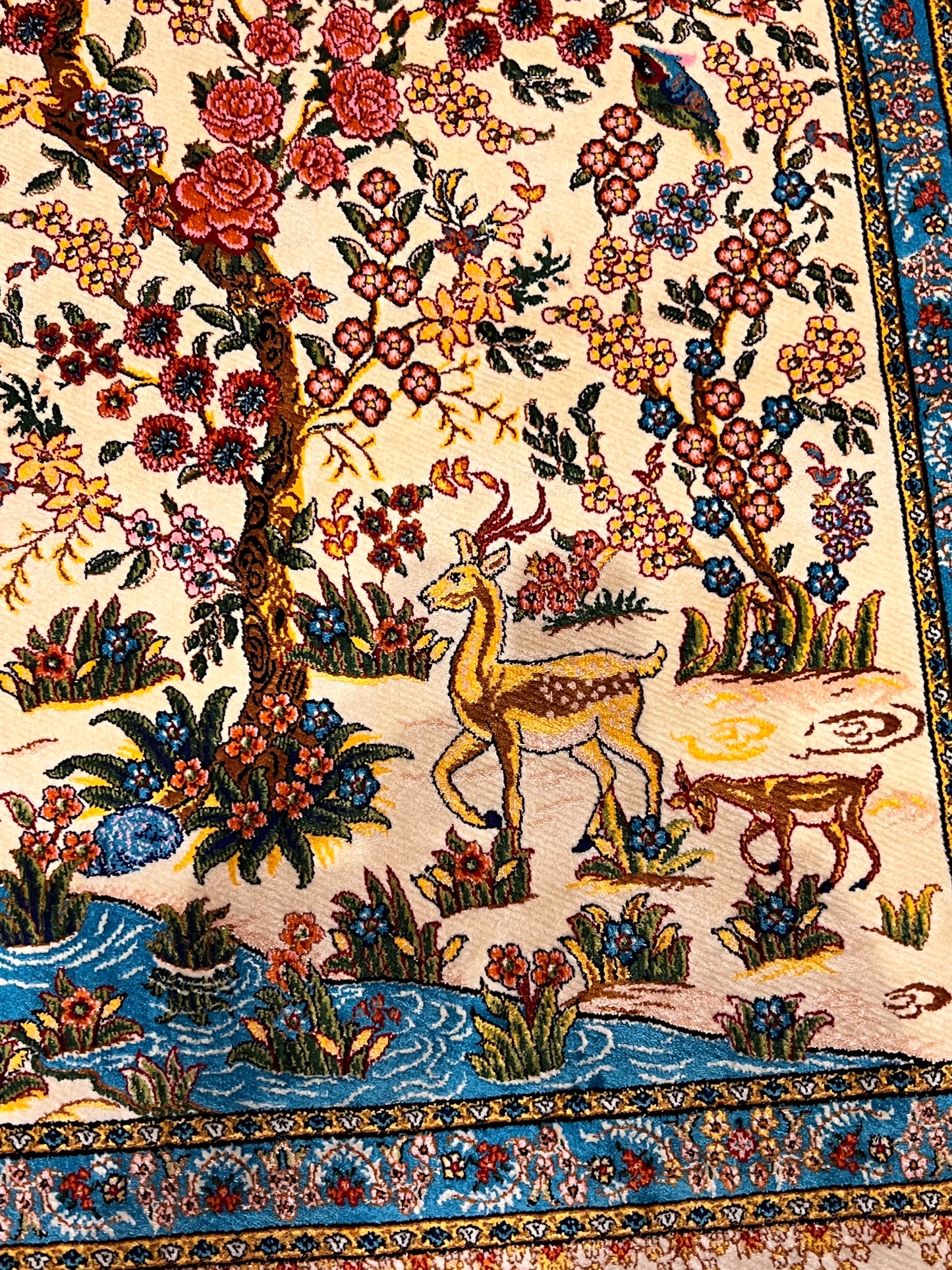 23” × 35” Luxury Turkish Silk Rug – Ivory Tree of Life & Deer Garden Design, Hereke-Inspired Floral Accent Rug