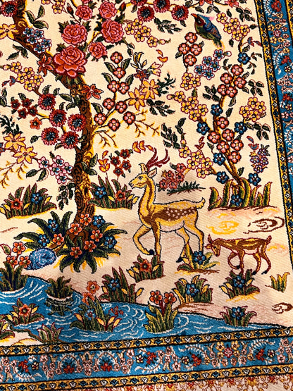 23” × 35” Luxury Turkish Silk Rug – Ivory Tree of Life & Deer Garden Design, Hereke-Inspired Floral Accent Rug