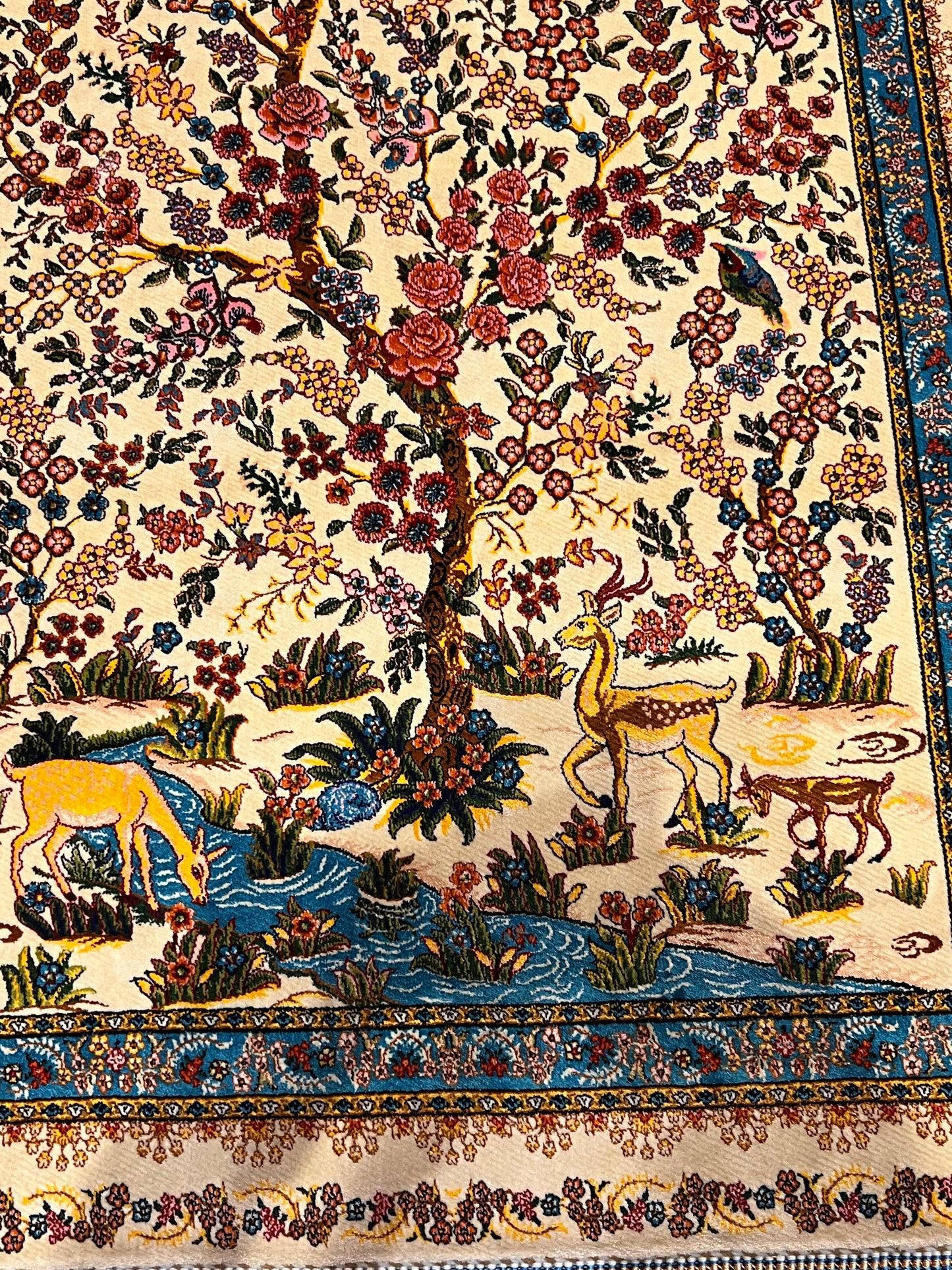 23” × 35” Luxury Turkish Silk Rug – Ivory Tree of Life & Deer Garden Design, Hereke-Inspired Floral Accent Rug