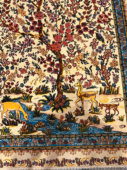 23” × 35” Luxury Turkish Silk Rug – Ivory Tree of Life & Deer Garden Design, Hereke-Inspired Floral Accent Rug