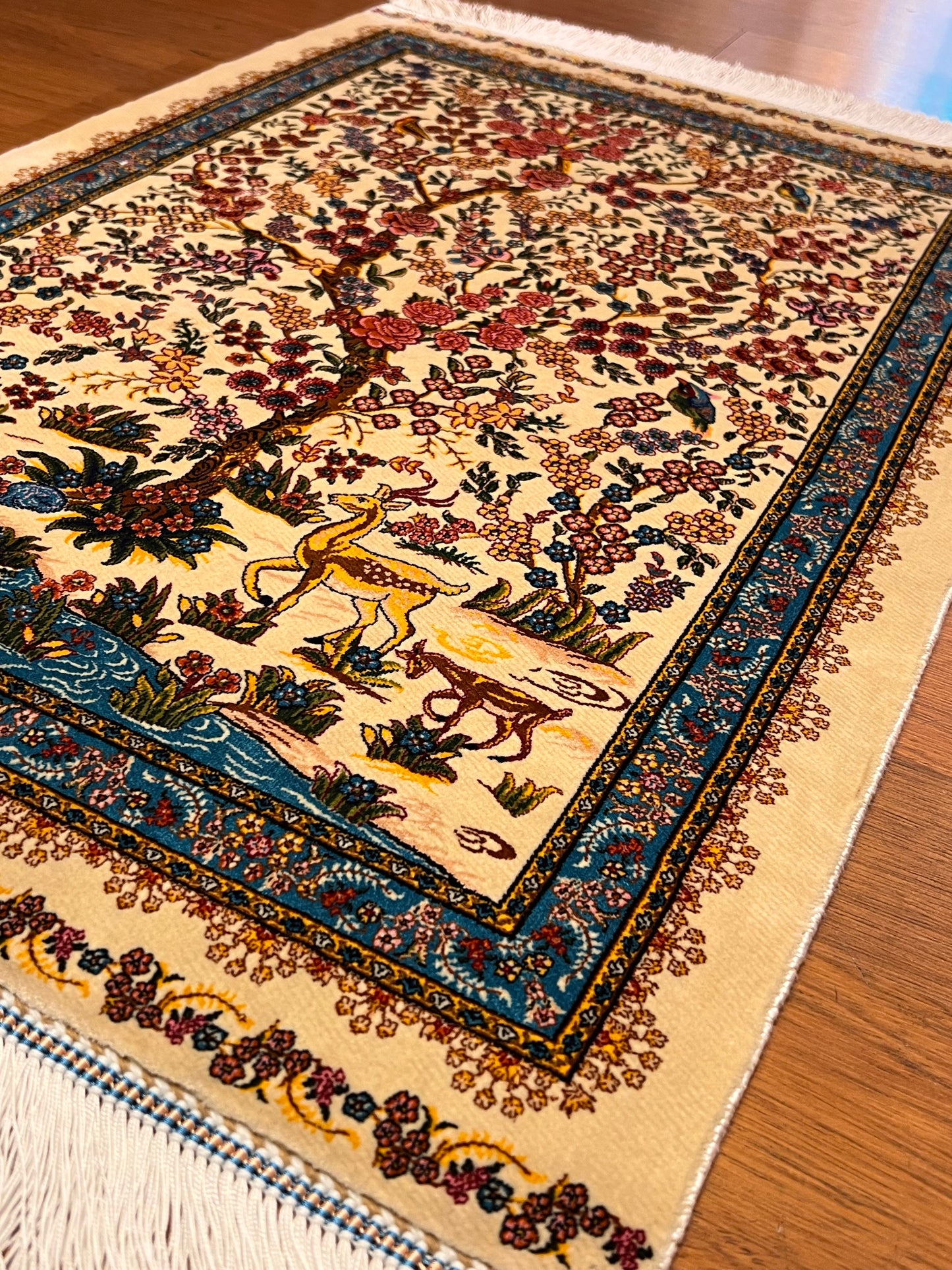23” × 35” Luxury Turkish Silk Rug – Ivory Tree of Life & Deer Garden Design, Hereke-Inspired Floral Accent Rug