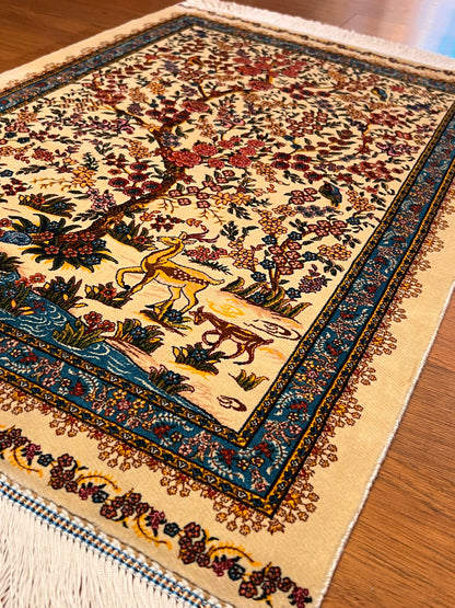 23” × 35” Luxury Turkish Silk Rug – Ivory Tree of Life & Deer Garden Design, Hereke-Inspired Floral Accent Rug