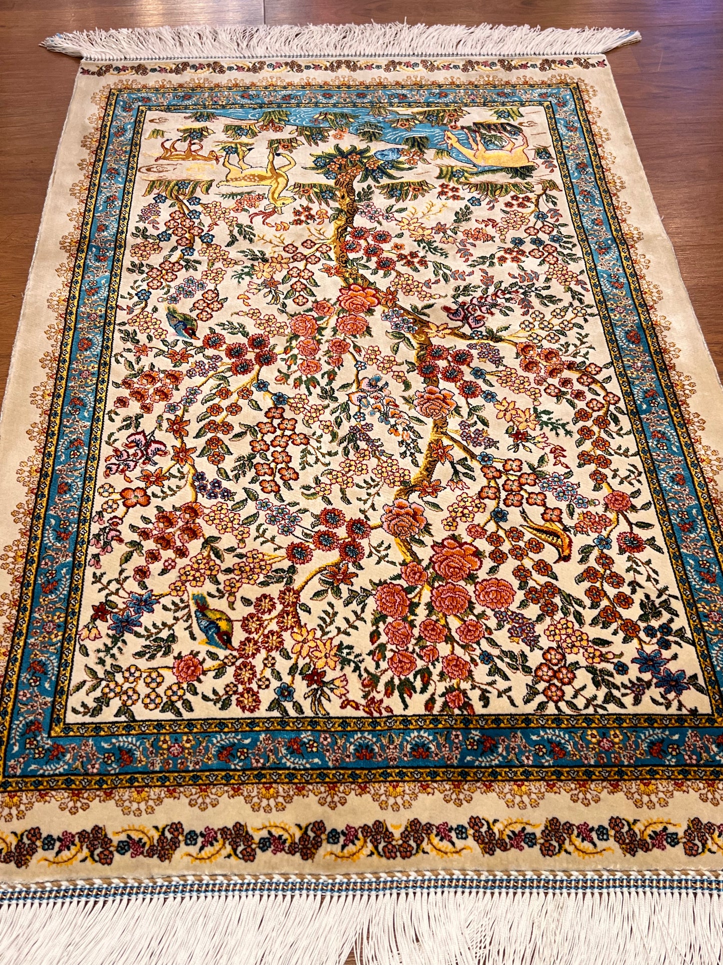23” × 35” Luxury Turkish Silk Rug – Ivory Tree of Life & Deer Garden Design, Hereke-Inspired Floral Accent Rug