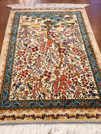 23” × 35” Luxury Turkish Silk Rug – Ivory Tree of Life & Deer Garden Design, Hereke-Inspired Floral Accent Rug