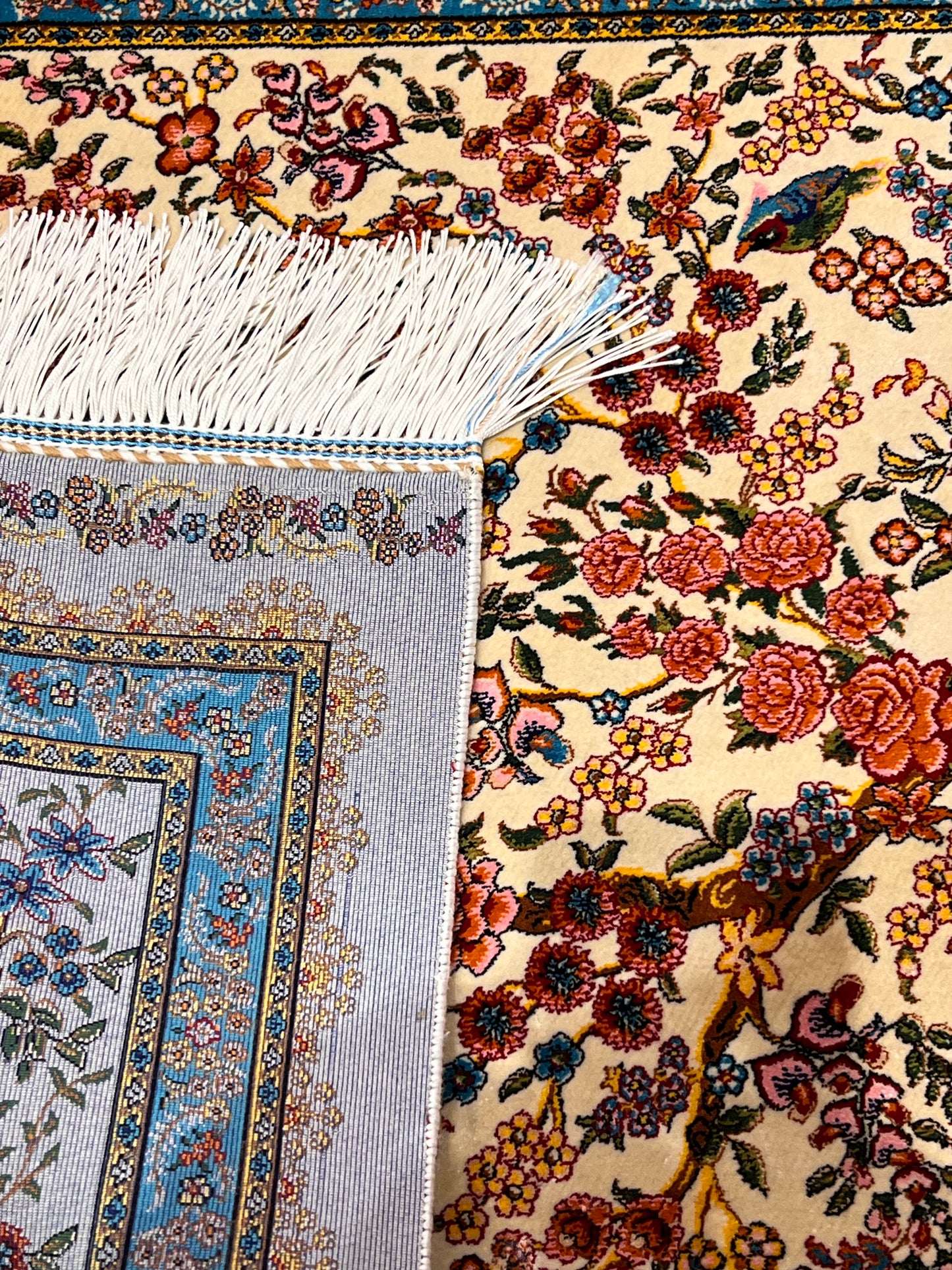 23” × 35” Luxury Turkish Silk Rug – Ivory Tree of Life & Deer Garden Design, Hereke-Inspired Floral Accent Rug