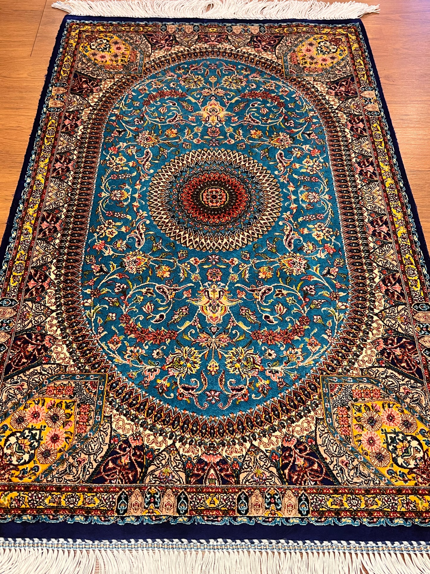 23” × 35” Luxury Turkish Silk Rug – Turquoise Blue & Navy Floral Medallion, Hereke-Inspired Small Accent Rug
