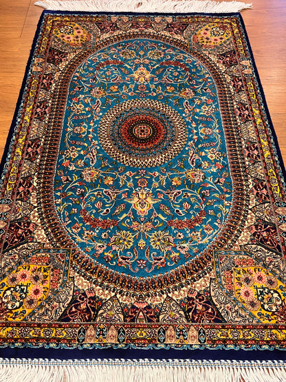 23” × 35” Luxury Turkish Silk Rug – Turquoise Blue & Navy Floral Medallion, Hereke-Inspired Small Accent Rug