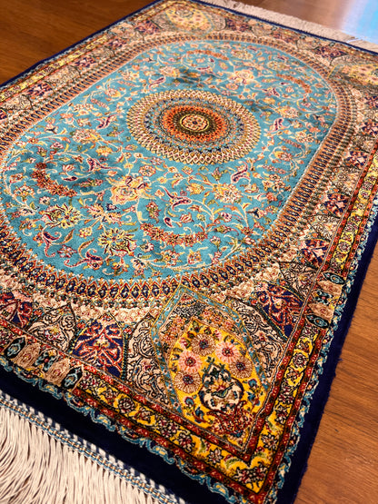23” × 35” Luxury Turkish Silk Rug – Turquoise Blue & Navy Floral Medallion, Hereke-Inspired Small Accent Rug