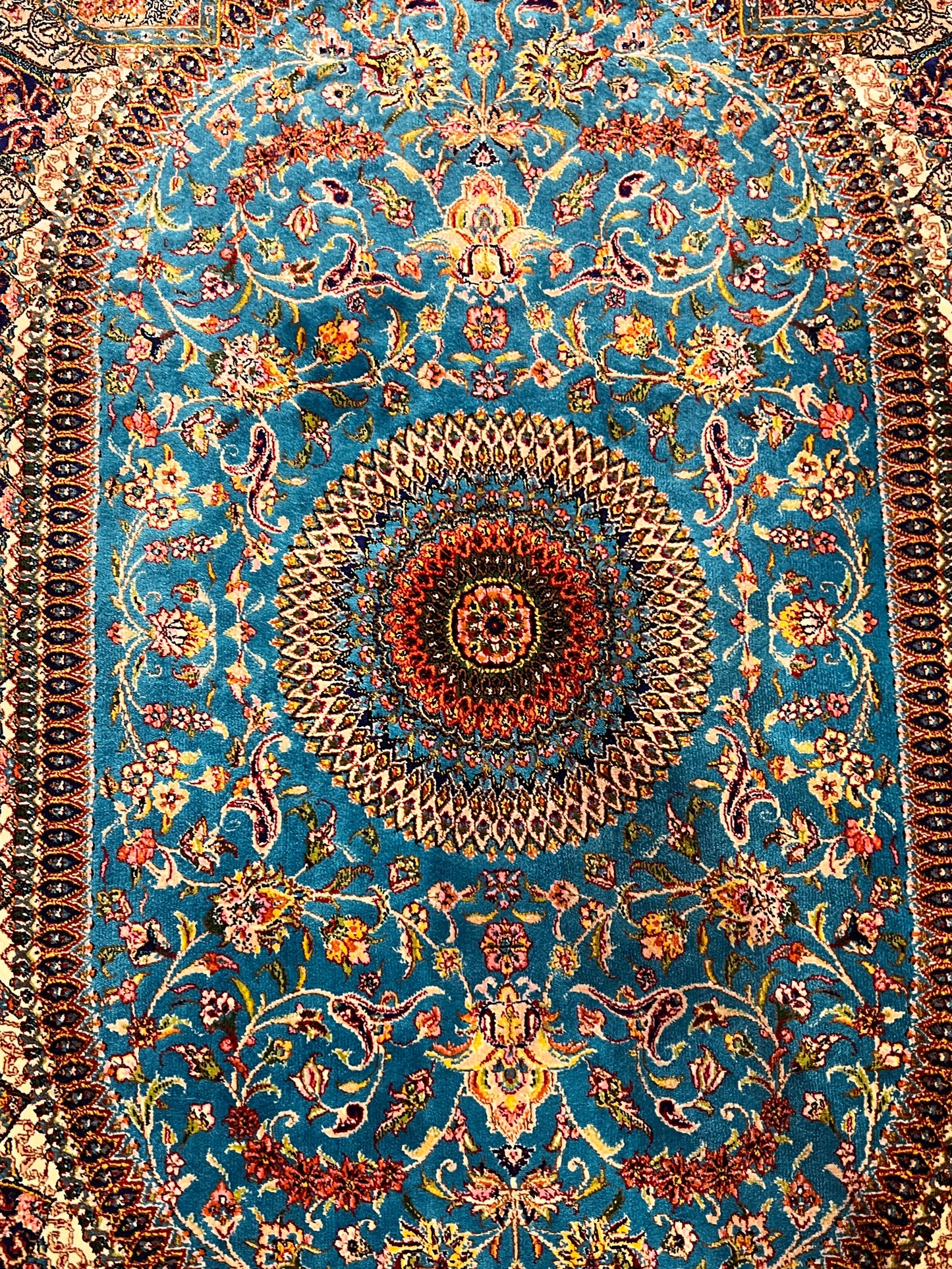 23” × 35” Luxury Turkish Silk Rug – Turquoise Blue & Navy Floral Medallion, Hereke-Inspired Small Accent Rug
