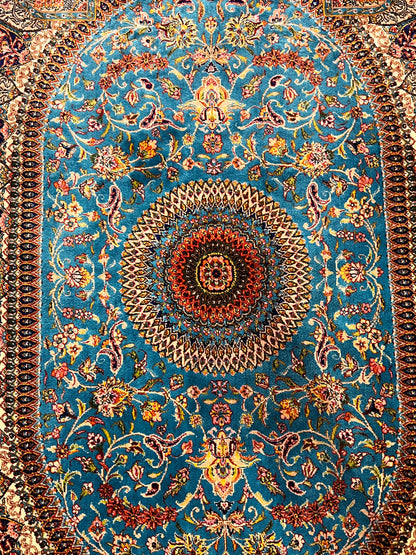 23” × 35” Luxury Turkish Silk Rug – Turquoise Blue & Navy Floral Medallion, Hereke-Inspired Small Accent Rug