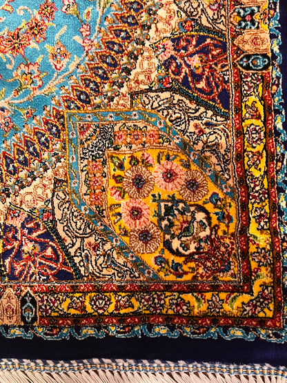 23” × 35” Luxury Turkish Silk Rug – Turquoise Blue & Navy Floral Medallion, Hereke-Inspired Small Accent Rug