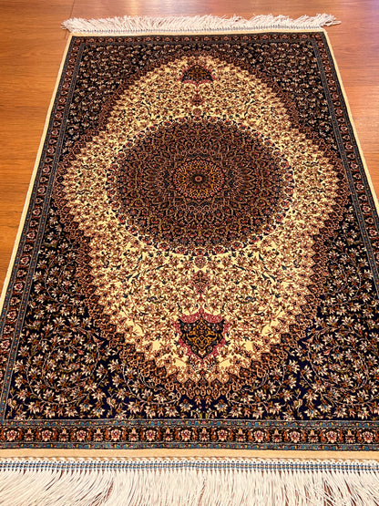 23” × 35” Luxury Turkish Silk Rug – Royal Navy Blue & Ivory Floral Medallion, Hereke-Inspired Oriental Accent Rug