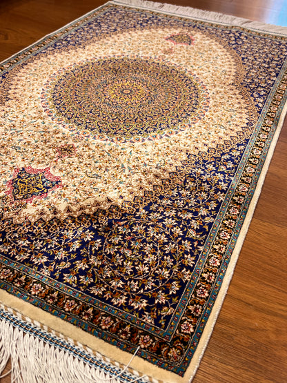 23” × 35” Luxury Turkish Silk Rug – Royal Navy Blue & Ivory Floral Medallion, Hereke-Inspired Oriental Accent Rug