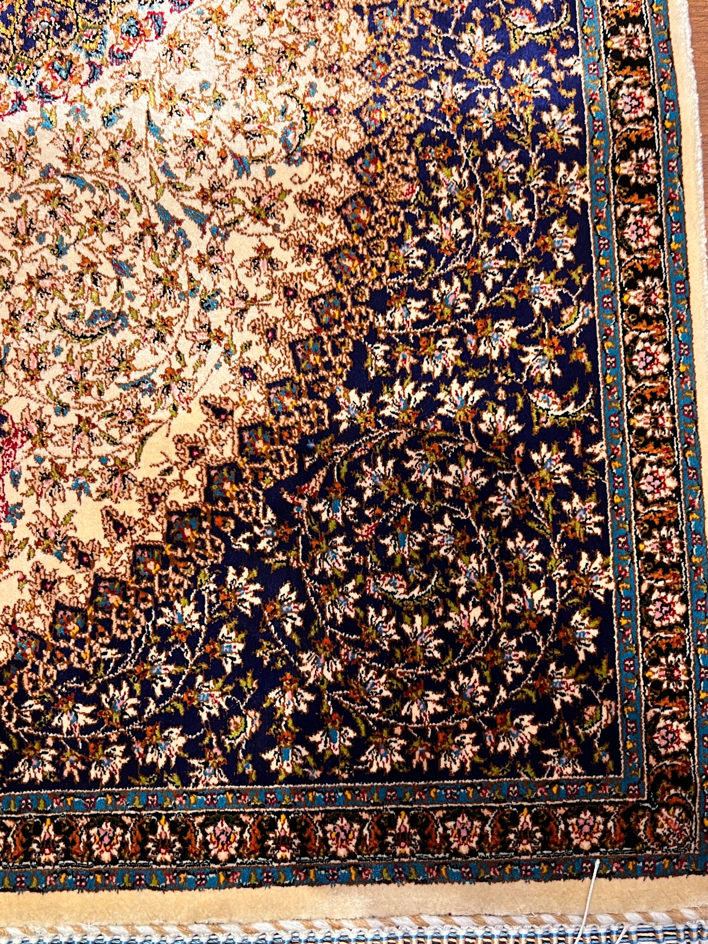 23” × 35” Luxury Turkish Silk Rug – Royal Navy Blue & Ivory Floral Medallion, Hereke-Inspired Oriental Accent Rug